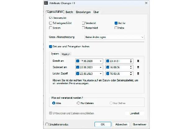 Das Tool Attribute Changer zeigt die Attribute einer Datei an und bietet die Möglichkeit, diese zu bearbeiten. Außerdem kann Attribute Changer auch das Erstellungs-, Änderungs- und das Datum des letzten Zugriffs ändern.