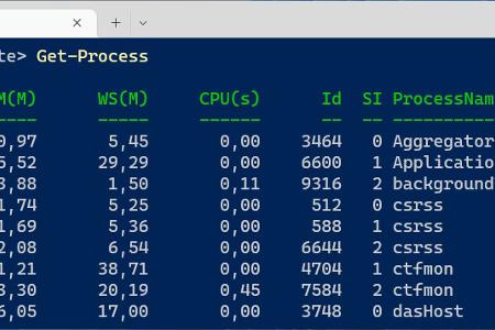 Get-Process zeigt die laufenden Prozesse sowie die zugehörigen IDs an und gibt Infos zu Speicherbelegung und CPU-Belastung aus.