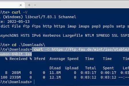Das Tool curl ermöglicht bequeme und verlässliche Downloads aus dem Internet: Nach „curl -O“ müssen Sie nur die Download-URL einfügen.