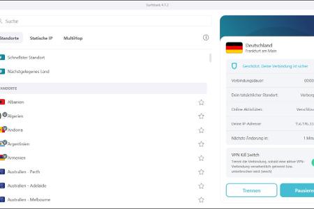 Surfshark liefert die wesentlichen Informationen zur aktuellen VPN-Verbindung.