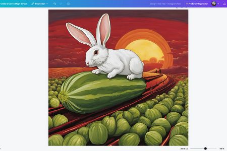 Das Resultat für die Eingabe: „Hase, der auf einer Gurke in den Sonnenuntergang reitet.“