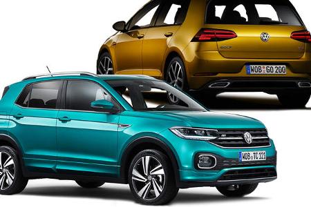 VW Golf und T-Cross Vergleich Teaser Aufmacher Bild Collage VW Golf und T-Cross Vergleich Teaser Aufmacher Bild Collage