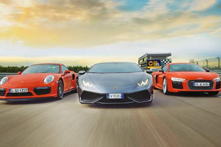 Porsche 911 Turbo S, Lamborghini Huracán LP 610-4, Audi R8 V10 Plus Porsche 911 Turbo S, Lamborghini Huracán LP 610-4, Audi R8 V10 Plus