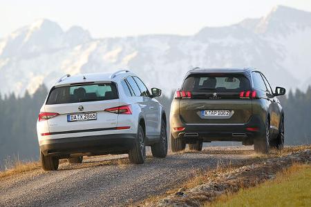 Peugeot 5008 BlueHDi 180 GT, Skoda Kodiaq 2.0 TDI 4x4, Heckansicht