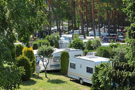 Campingplatz, BŠume, Caravans. Rasen