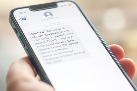 Eine Frau hält ein Smartphone in ihrer Hand, auf dessen Display eine Betrugs-SMS zu lesen ist. Eine Frau hält ein Smartphone in ihrer Hand, auf dessen Display eine Betrugs-SMS zu lesen ist.