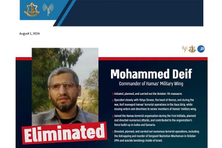 Israels Armee tötete Mohammed Deif im vergangenen Juli bei Chan Junis im Süden des Gazastreifens. (Archivbild) Israels Armee tötete Mohammed Deif im vergangenen Juli bei Chan Junis im Süden des Gazastreifens. (Archivbild)