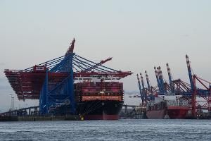 Containerschiffe von Hapag-Lloyd und Maersk liegen im Hamburger Hafen. (Archivbild)