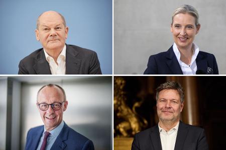 Treten gegeneinander im TV an: Scholz, Merz, Weidel und Habeck. Treten gegeneinander im TV an: Scholz, Merz, Weidel und Habeck.