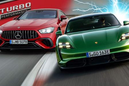 Konzeptvergleich Mercedes-AMG GT Viertürer V8 Hybrid Taycan Elektro Sportwagen Collage Konzeptvergleich Mercedes-AMG GT Viertürer V8 Hybrid Taycan Elektro Sportwagen Collage