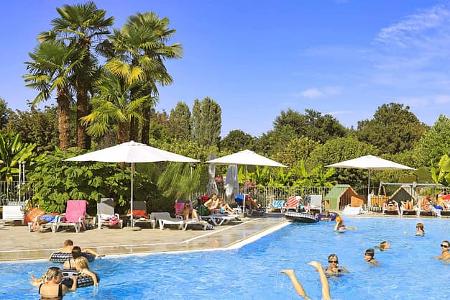 Pool, schwimmende Grupe, Palmen