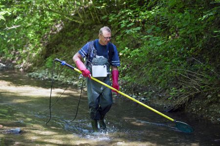 Forscher geht mit einem Messgerät in einem Fluss umher