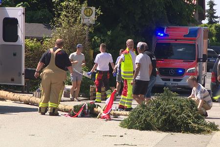 Der umgestürzte Maibaum liegt auf der Straße vor einem Einsatzwagen der Feuerwehr. 