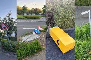 Kreisverkehrsfläche verwüstet - Verkehrsschilder beschädigt