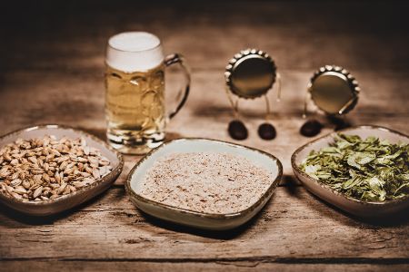 Zutaten für Bier nach Reinheitsgebot in Schalen angerichtet vor Bierglas