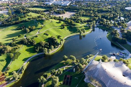 Luftaufnahme des Olympiaparks in München