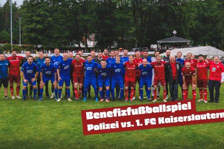 Die Teams der Polizei und der FCK-Traditionself stellten sich vor dem Benefizspiel zum Erinnerungsfoto auf. Die Teams der Polizei und der FCK-Traditionself stellten sich vor dem Benefizspiel zum Erinnerungsfoto auf.