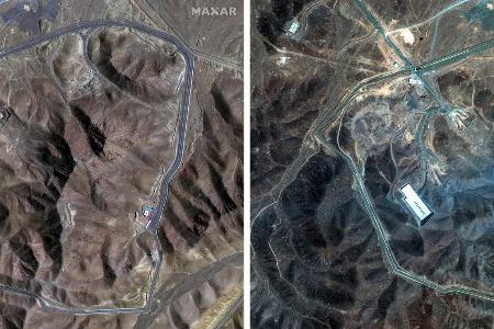 Auf einer Satellitenaufnahme der Atomanlage Fordo sind (rechts) die vermutlichen Einschlaglöcher der US-Bomben zu erkennen. Auf einer Satellitenaufnahme der Atomanlage Fordo sind (rechts) die vermutlichen Einschlaglöcher der US-Bomben zu erkennen.
