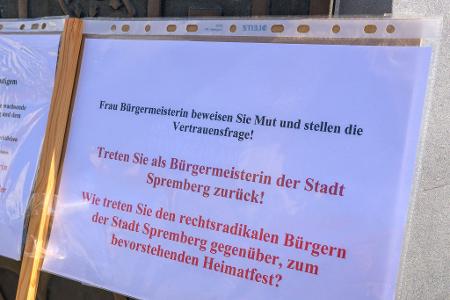 Bei einer kleinen Demonstration auf dem Marktplatz werden Rücktrittsforderungen gegen die Bürgermeisterin geäußert.